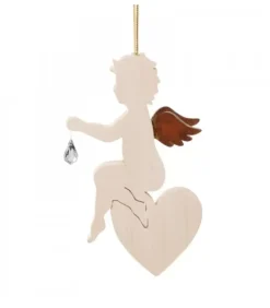 Waldfabrik, photophore en bois et étoile sapin de Noël Ange En Bois D'Erable Avec Un Cristal Swarovski Assis Sur Un Coeur