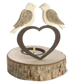 Waldfabrik, photophore en bois et étoile sapin de Noël Bougeoir En Bois, 2 Oiseaux Sur Un Coeur, 13 Cm