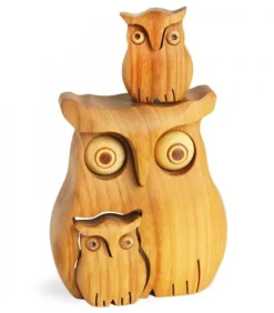 Waldfabrik, photophore en bois et étoile sapin de Noël Chouette En Bois Poli Avec Deux Enfants, 8 Cm