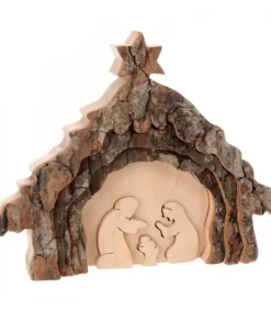 Waldfabrik, photophore en bois et étoile sapin de Noël Crèche De Noël 13 Cm, Taillee Dans Une Ecorce De Bois, Motif Etable