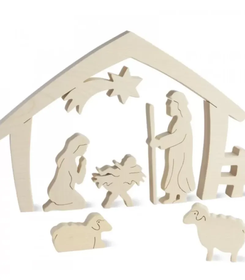 Waldfabrik, photophore en bois et étoile sapin de Noël Crèche De Noël Avec Nativite, Bois Naturel, 15 Cm