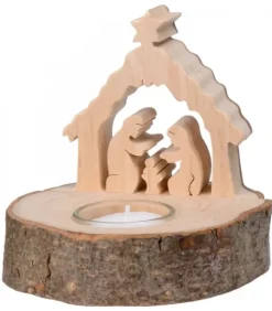 Waldfabrik, photophore en bois et étoile sapin de Noël Crèche De Noël Sur Rondin De Bois Avec Bougeoir