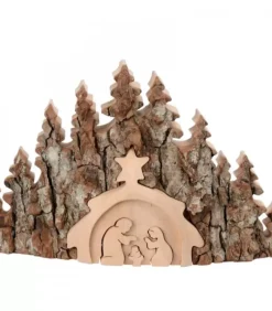 Waldfabrik, photophore en bois et étoile sapin de Noël Crèche De Noël Taillee Dans Une Ecorce De Bois, Motif Etable, 20 Cm
