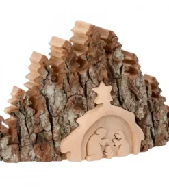 Waldfabrik, photophore en bois et étoile sapin de Noël Crèche De Noël Taillee Dans Une Ecorce De Bois, Motif Etable, 20 Cm