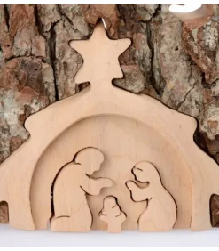 Waldfabrik, photophore en bois et étoile sapin de Noël Crèche De Noël Taillee Dans Une Ecorce De Bois, Motif Etable, 20 Cm