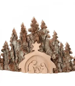Waldfabrik, photophore en bois et étoile sapin de Noël Crèche De Noël Taillee Dans Une Ecorce De Bois, Motif Etable, 20 Cm