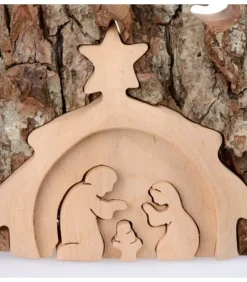 Waldfabrik, photophore en bois et étoile sapin de Noël Crèche De Noël Taillee Dans Une Ecorce De Bois, Motif Etable, 20 Cm