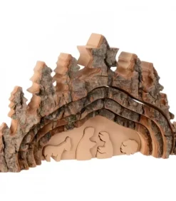 Waldfabrik, photophore en bois et étoile sapin de Noël Crèche De Noël Taillee Dans Une Ecorce De Bois, Motif Grotte, 20 Cm