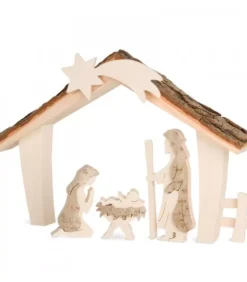 Waldfabrik, photophore en bois et étoile sapin de Noël Etable De Bethleem Avec Figurines En Ecorce, 17 Cm