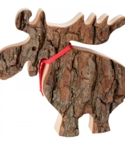 Waldfabrik, photophore en bois et étoile sapin de Noël Grand Elan En Bois Avec Noeud Rouge 18 Cm