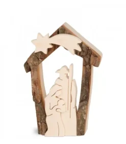 Waldfabrik, photophore en bois et étoile sapin de Noël Petite Crèche De Noël En Ecorce 7,5 Cm, Avec Nativite En Bois D'Erable