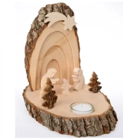 Waldfabrik, photophore en bois et étoile sapin de Noël Petite Crèche De Noël En Ecorce De Bois Avec Sapins Et Bougeoir