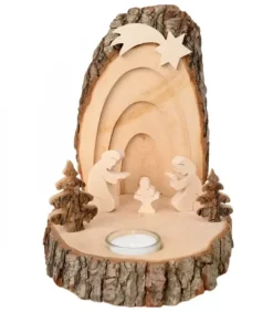 Waldfabrik, photophore en bois et étoile sapin de Noël Petite Crèche De Noël En Ecorce De Bois Avec Sapins Et Bougeoir