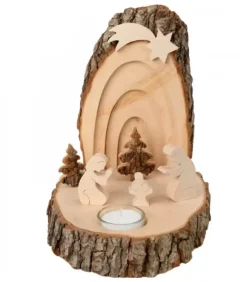 Waldfabrik, photophore en bois et étoile sapin de Noël Petite Crèche De Noël En Ecorce De Bois Avec Sapins Et Bougeoir