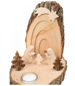 Waldfabrik, photophore en bois et étoile sapin de Noël Petite Crèche De Noël En Ecorce De Bois Avec Sapins Et Bougeoir