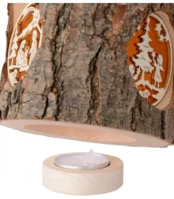 Waldfabrik, photophore en bois et étoile sapin de Noël Photophore Rondin De Bois, Avec 3 Motifs, Crèche, Anges Et Bonhomme De Neige