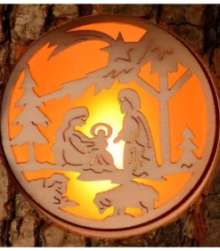 Waldfabrik, photophore en bois et étoile sapin de Noël Photophore Rondin De Bois, Avec 3 Motifs, Crèche, Anges Et Bonhomme De Neige