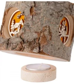 Waldfabrik, photophore en bois et étoile sapin de Noël Photophore Rondin De Bois, Avec 3 Motifs Crèche, Père Noël Et Bougies