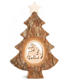 Waldfabrik, photophore en bois et étoile sapin de Noël Sapin Noël En Bois Avec Cerf Cisele, 18 Cm